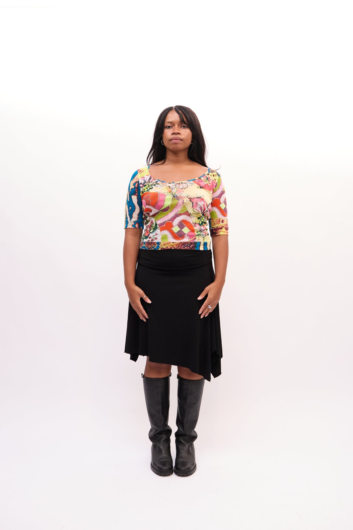 2000s Just Cavalli Yellow Multicolor Mesh Mixed Print Top