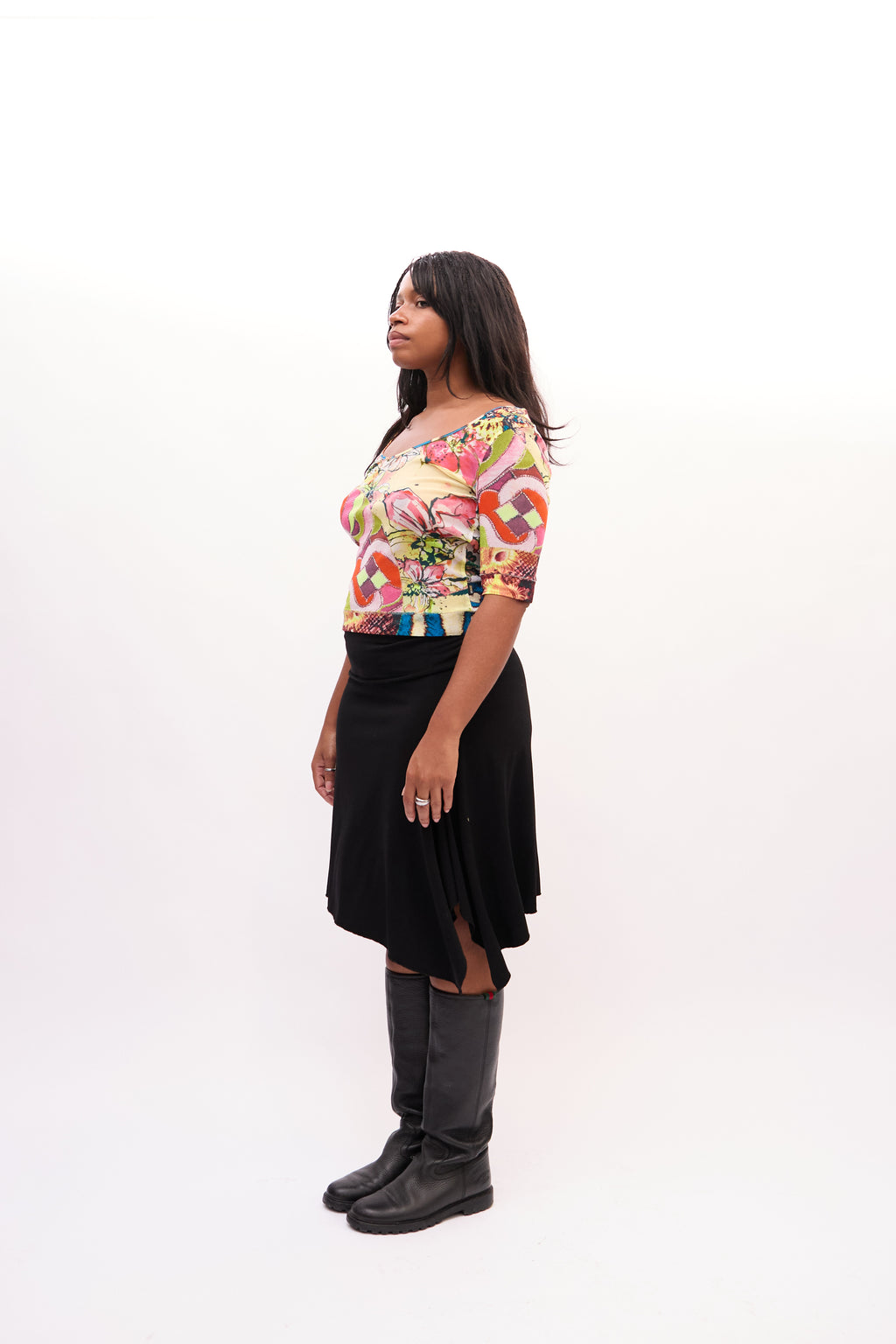 2000s Just Cavalli Yellow Multicolor Mesh Mixed Print Top