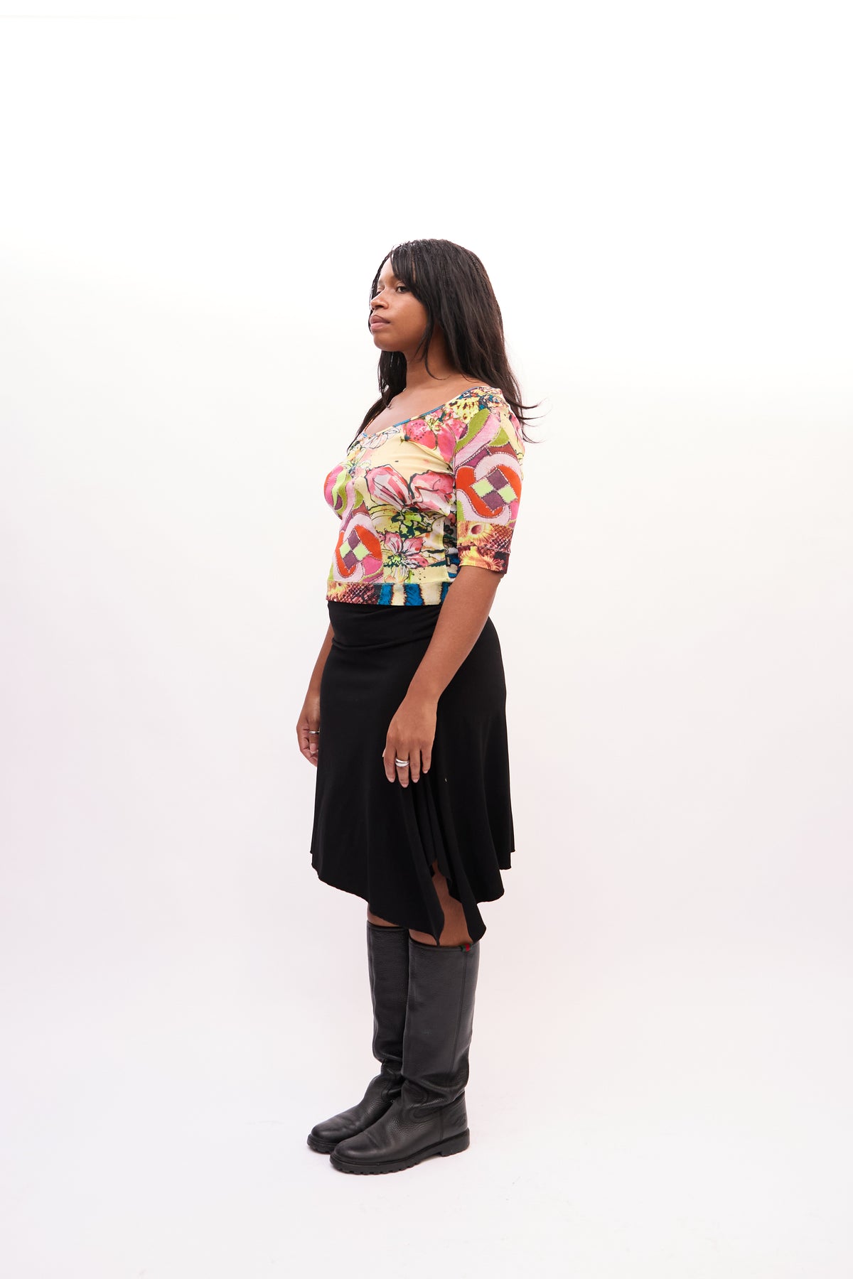 2000s Just Cavalli Yellow Multicolor Mesh Mixed Print Top