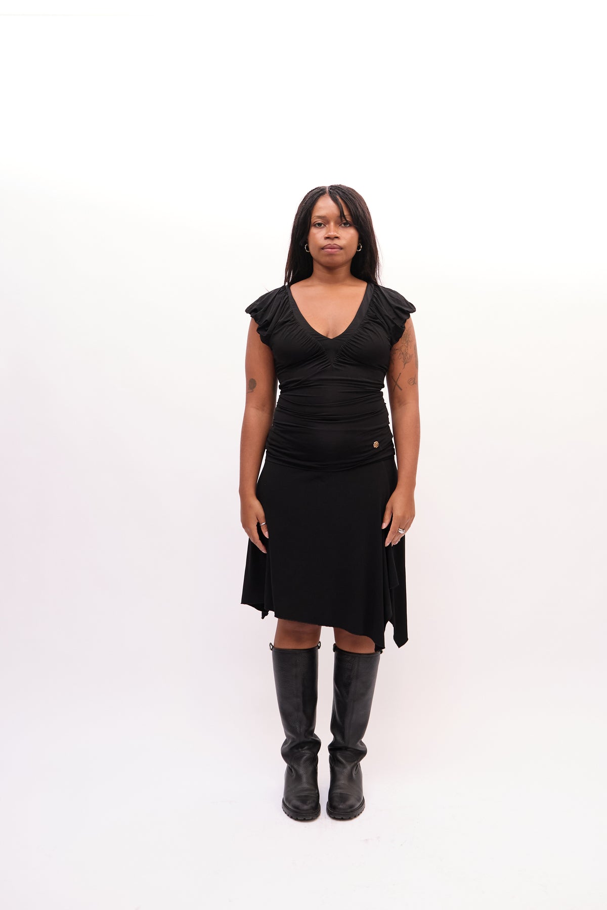 2000s Roberto Cavalli Black Ruched Cap Sleeves Top