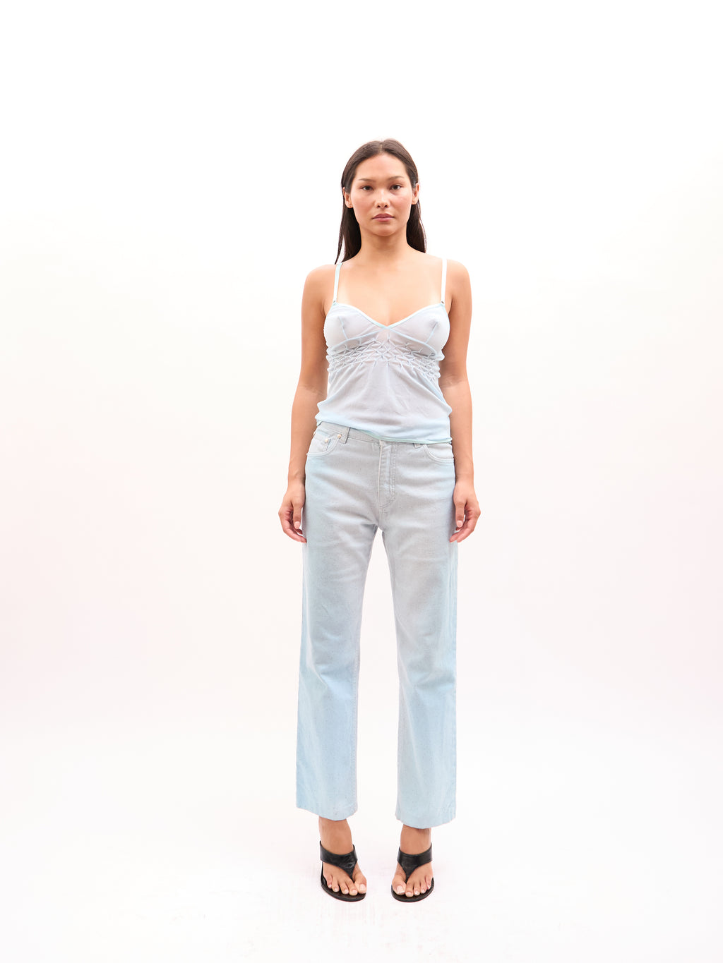 2000s Roberto Cavalli Blue Glitter Tank Jeans Set