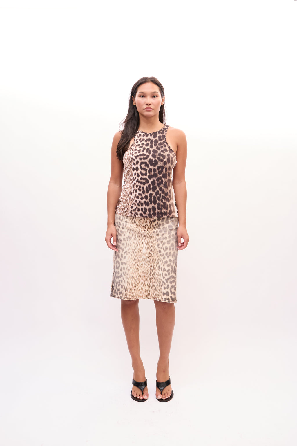 2000s Just Cavalli Brown Leopard Print Mesh Top Skirt Set