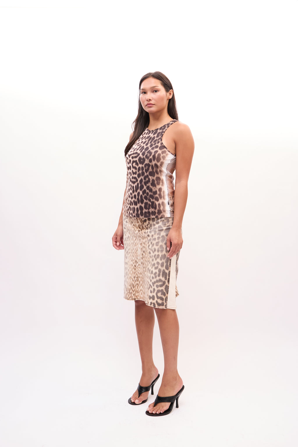 2000s Just Cavalli Brown Leopard Print Mesh Top Skirt Set