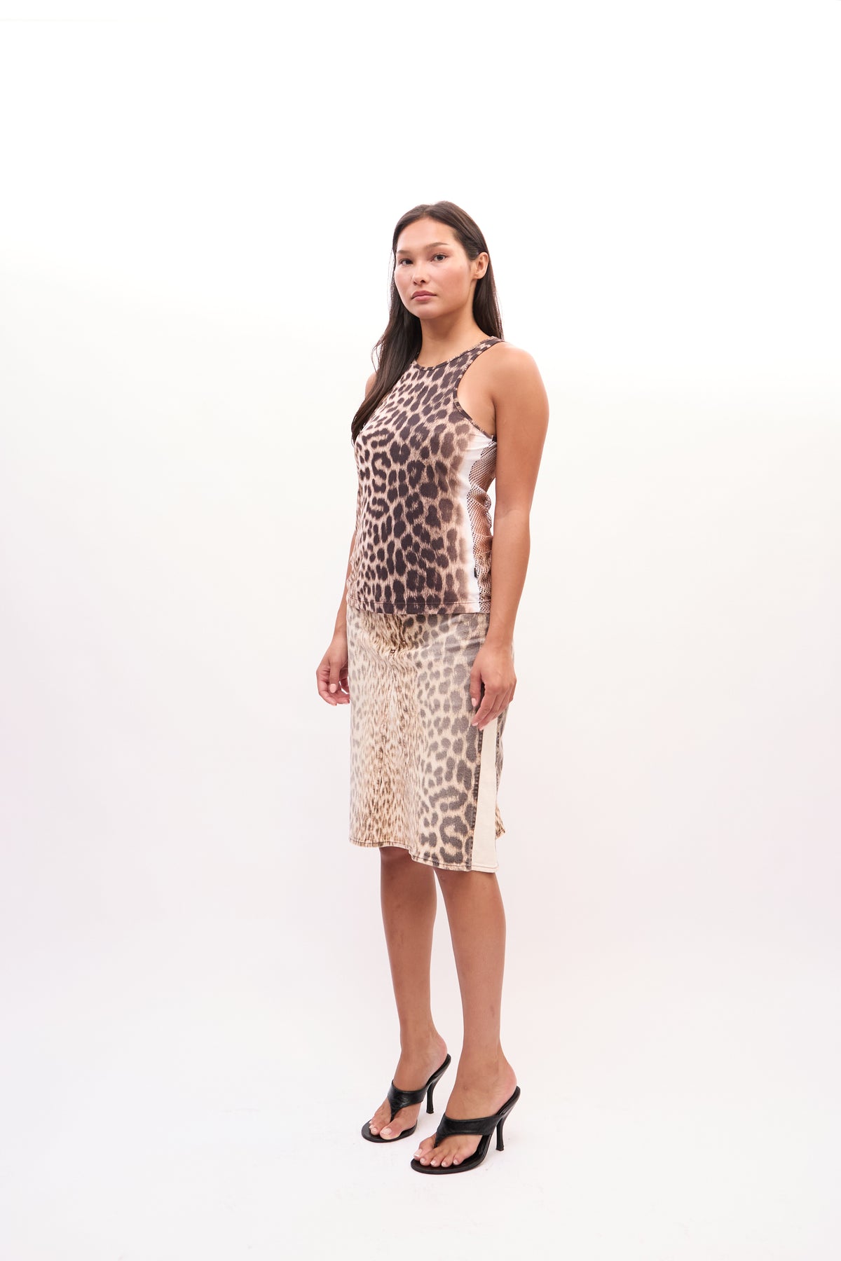 2000s Just Cavalli Brown Leopard Print Mesh Top Skirt Set