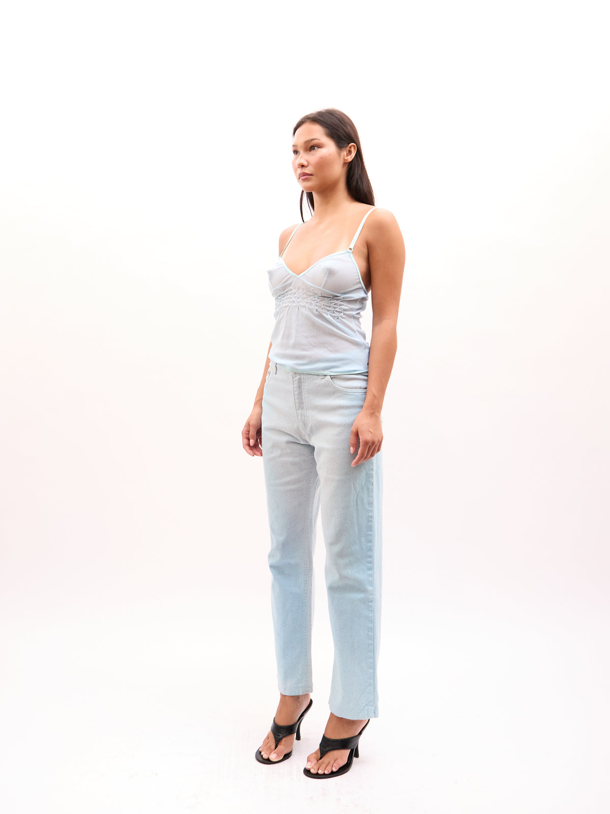 2000s Roberto Cavalli Blue Glitter Tank Jeans Set