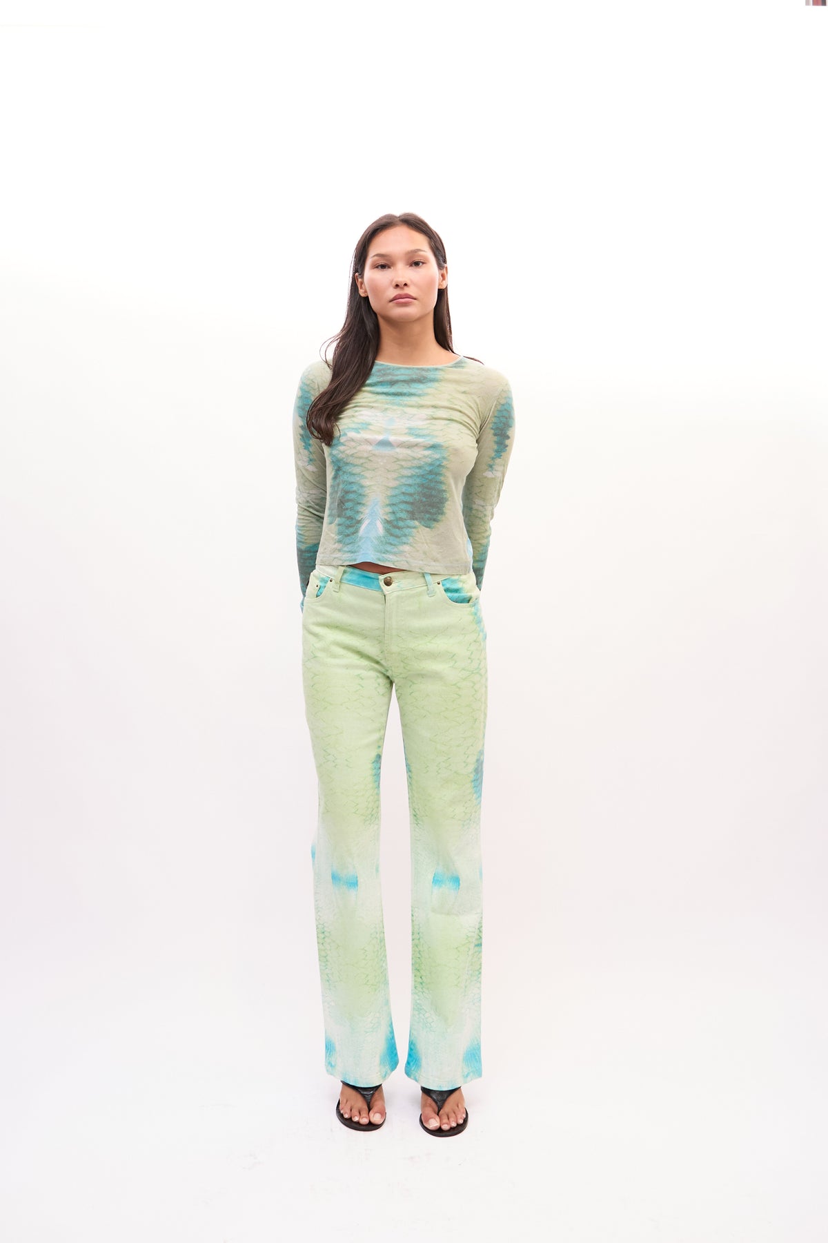 2000s Just Cavalli Green Snakeprint Top Jeans Set