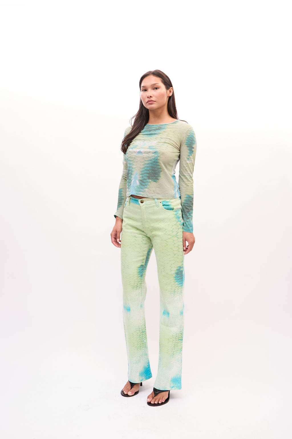 2000s Just Cavalli Green Snakeprint Top Jeans Set