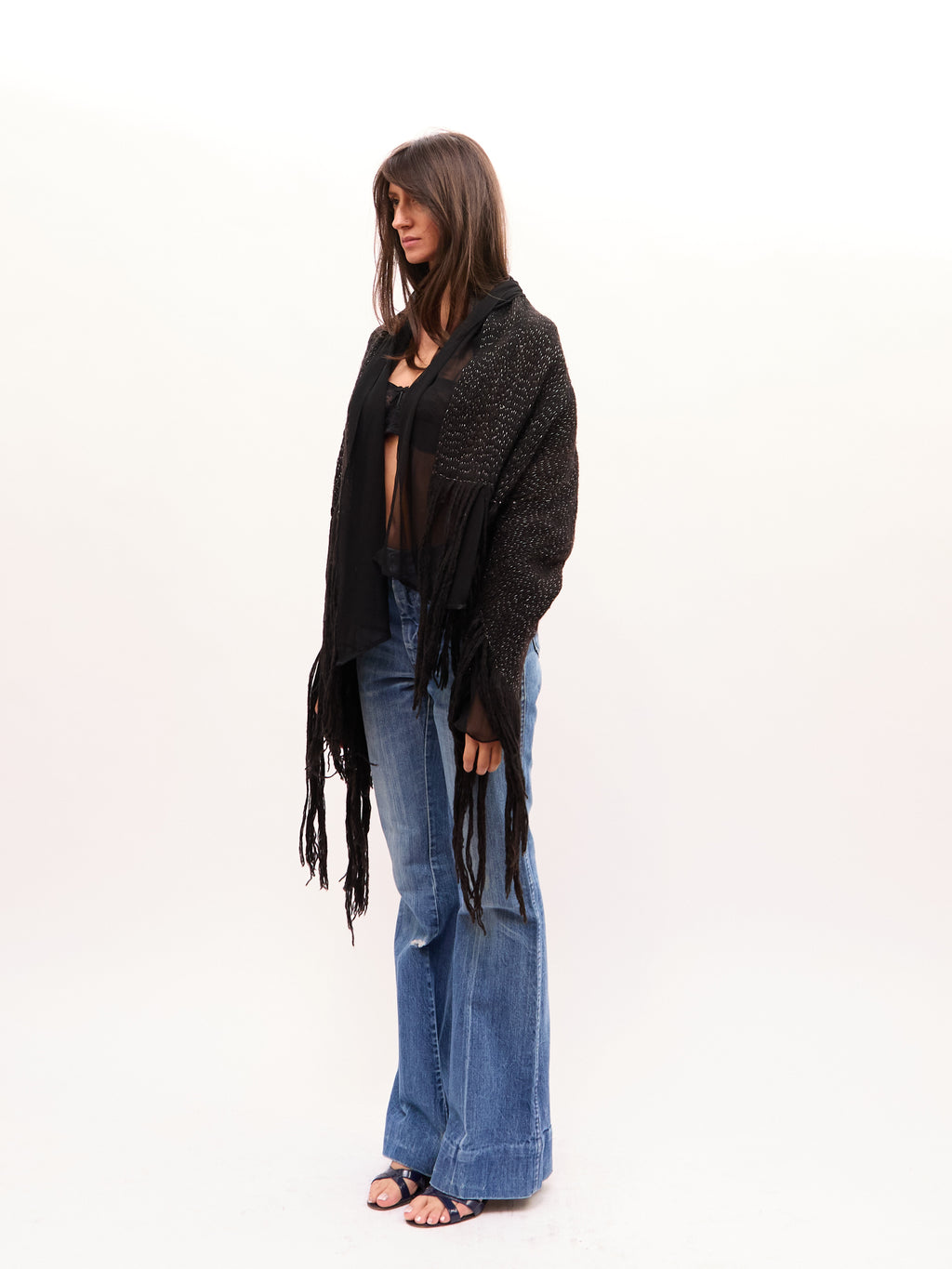 2000s Vintage Black Fringe Trim Crochet Knit Cardigan