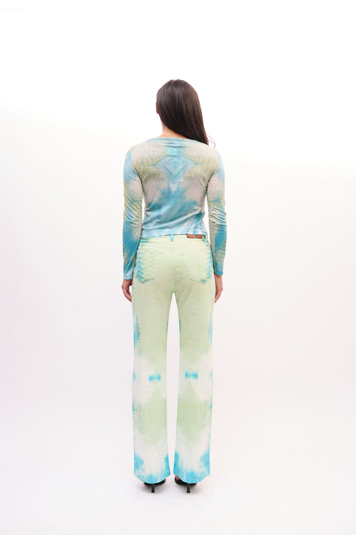 2000s Just Cavalli Green Snakeprint Top Jeans Set