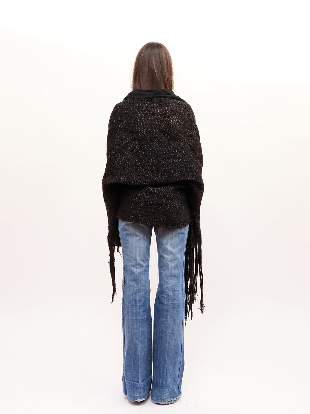 2000s Vintage Black Fringe Trim Crochet Knit Cardigan