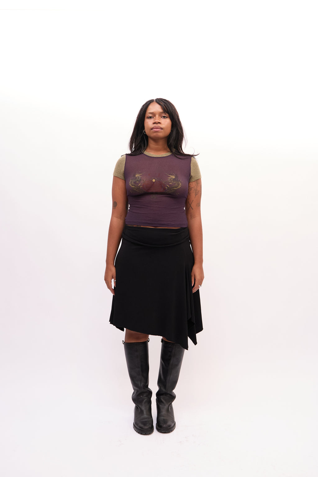1990s Just Cavalli Purple Dragon Embroidery Mesh Top