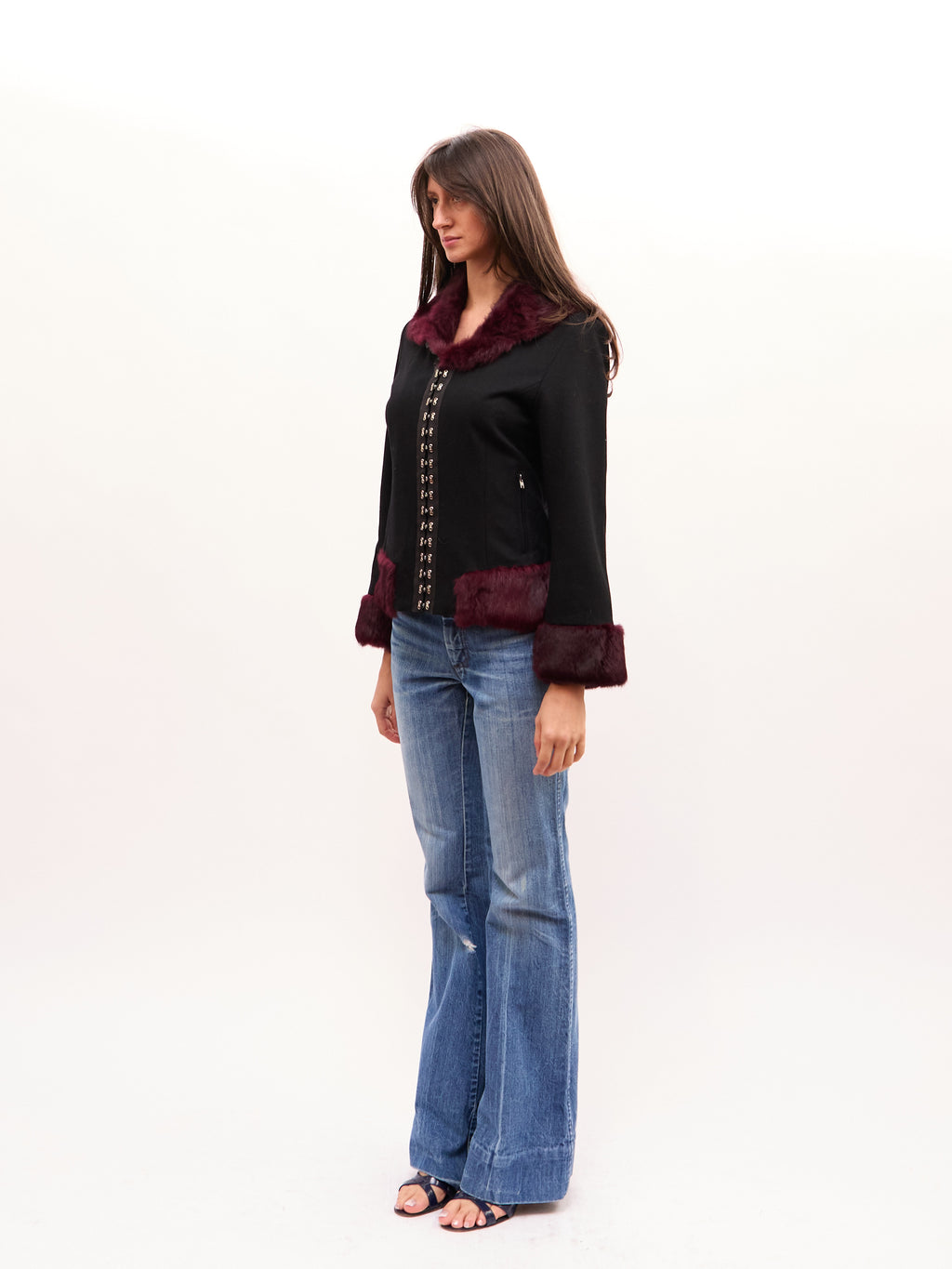 Max Mara Black Fur Trim Front Clasp Jacket