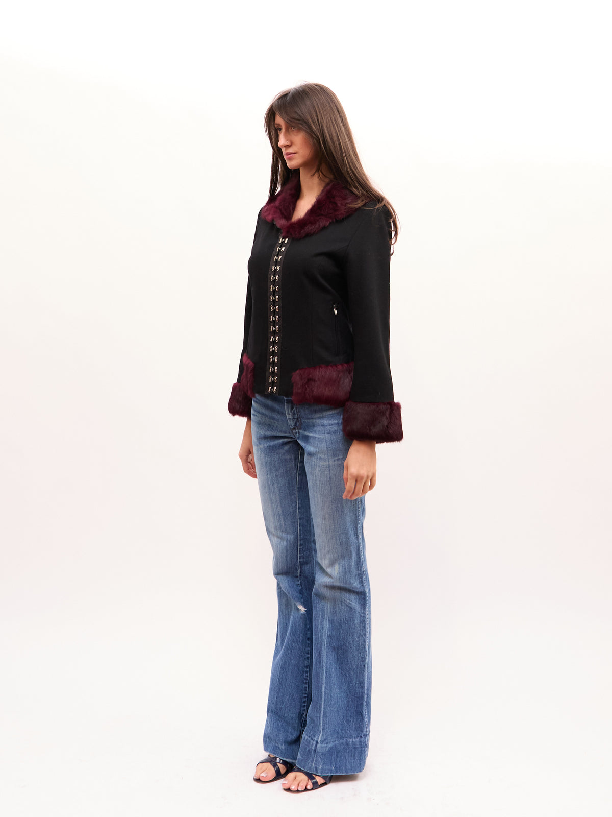Max Mara Black Fur Trim Front Clasp Jacket