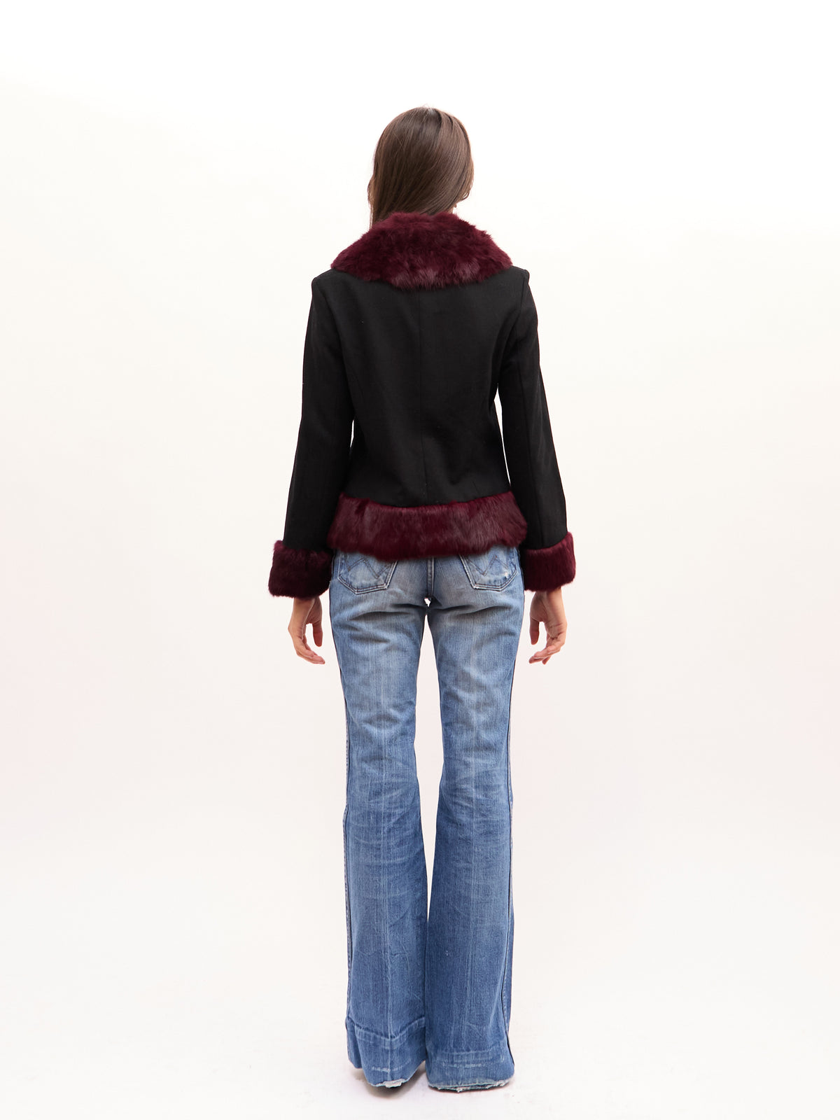Max Mara Black Fur Trim Front Clasp Jacket