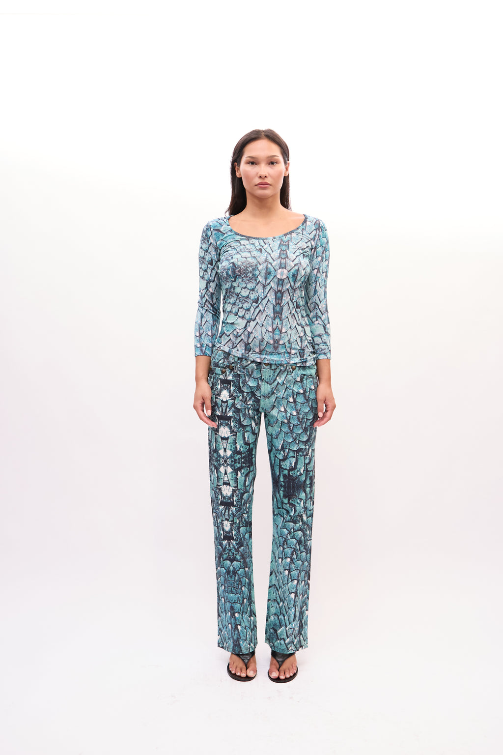 2000s Just Cavalli Turquoise Snakeprint Top and Jeans Set