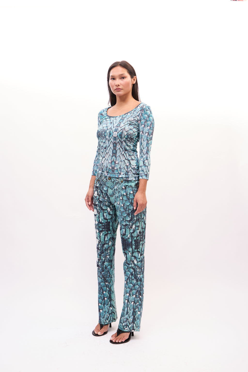 2000s Just Cavalli Turquoise Snakeprint Top and Jeans Set