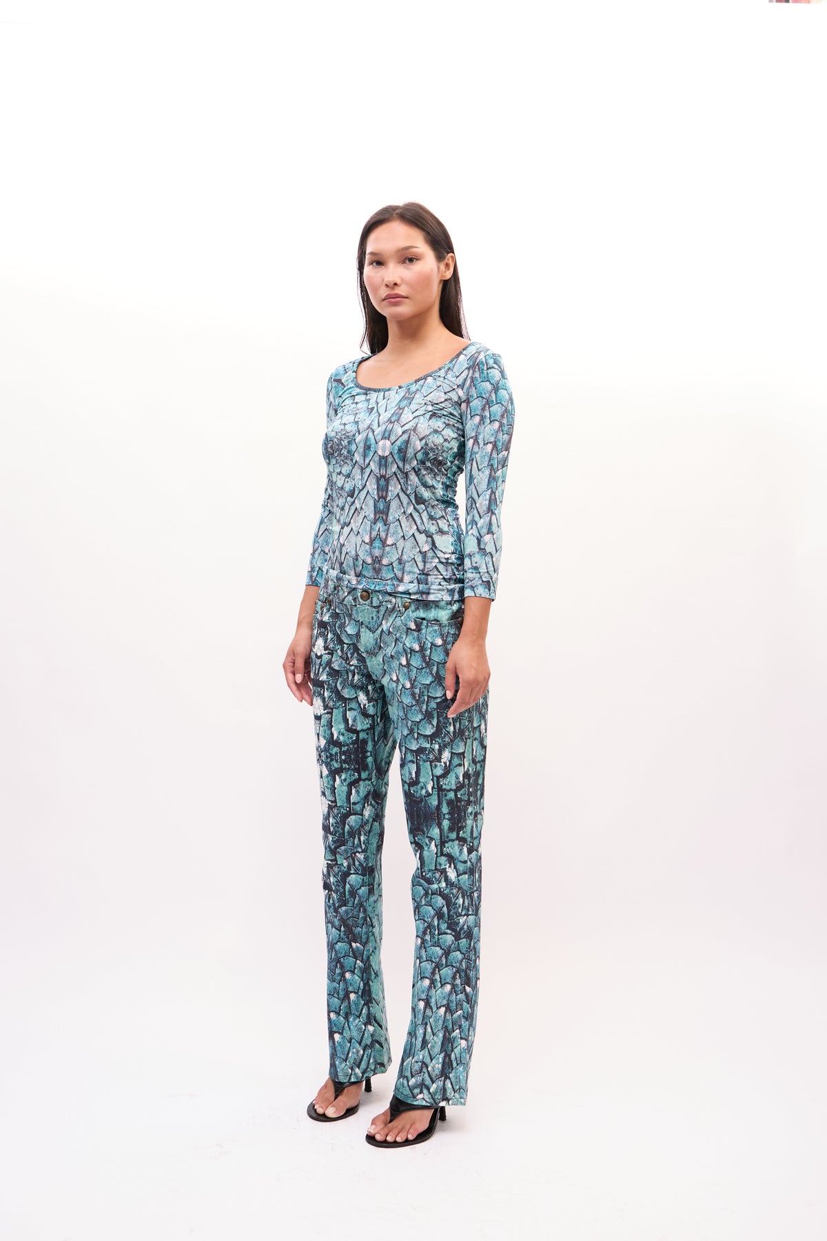 2000s Just Cavalli Turquoise Snakeprint Top and Jeans Set