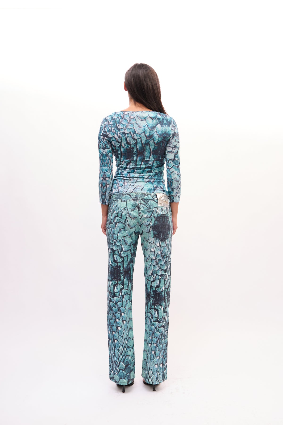 2000s Just Cavalli Turquoise Snakeprint Top and Jeans Set