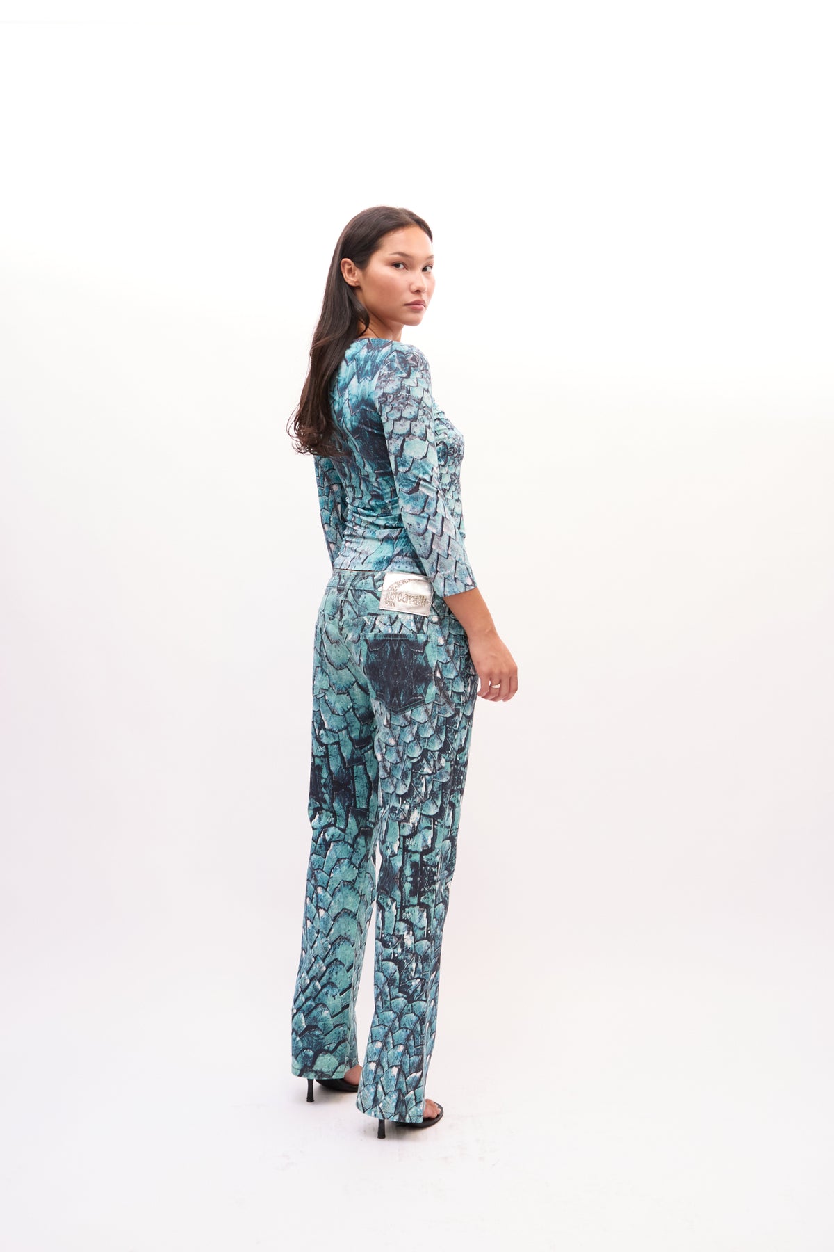 2000s Just Cavalli Turquoise Snakeprint Top and Jeans Set