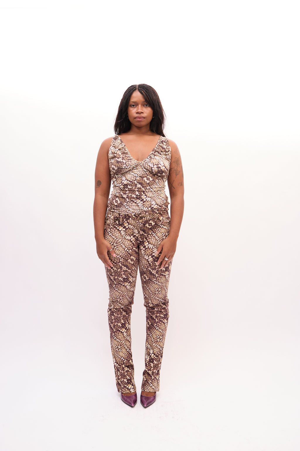 2000s Just Cavalli Brown Snake Print V-neck Tank Jeans Set