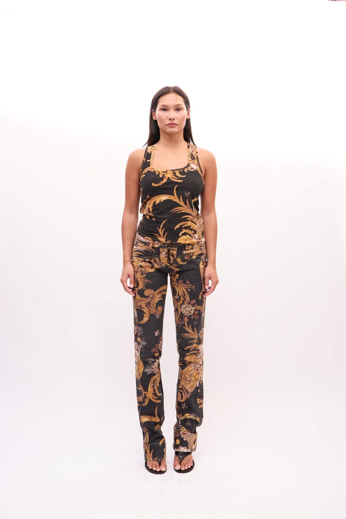 2000s Just Cavalli Black Gold Baroque Tank Jeans Set