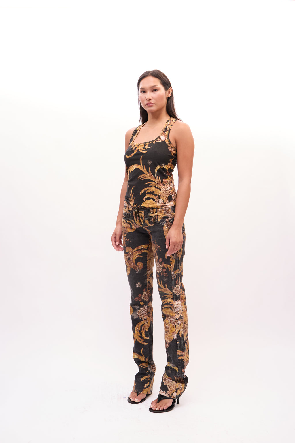2000s Just Cavalli Black Gold Baroque Tank Jeans Set