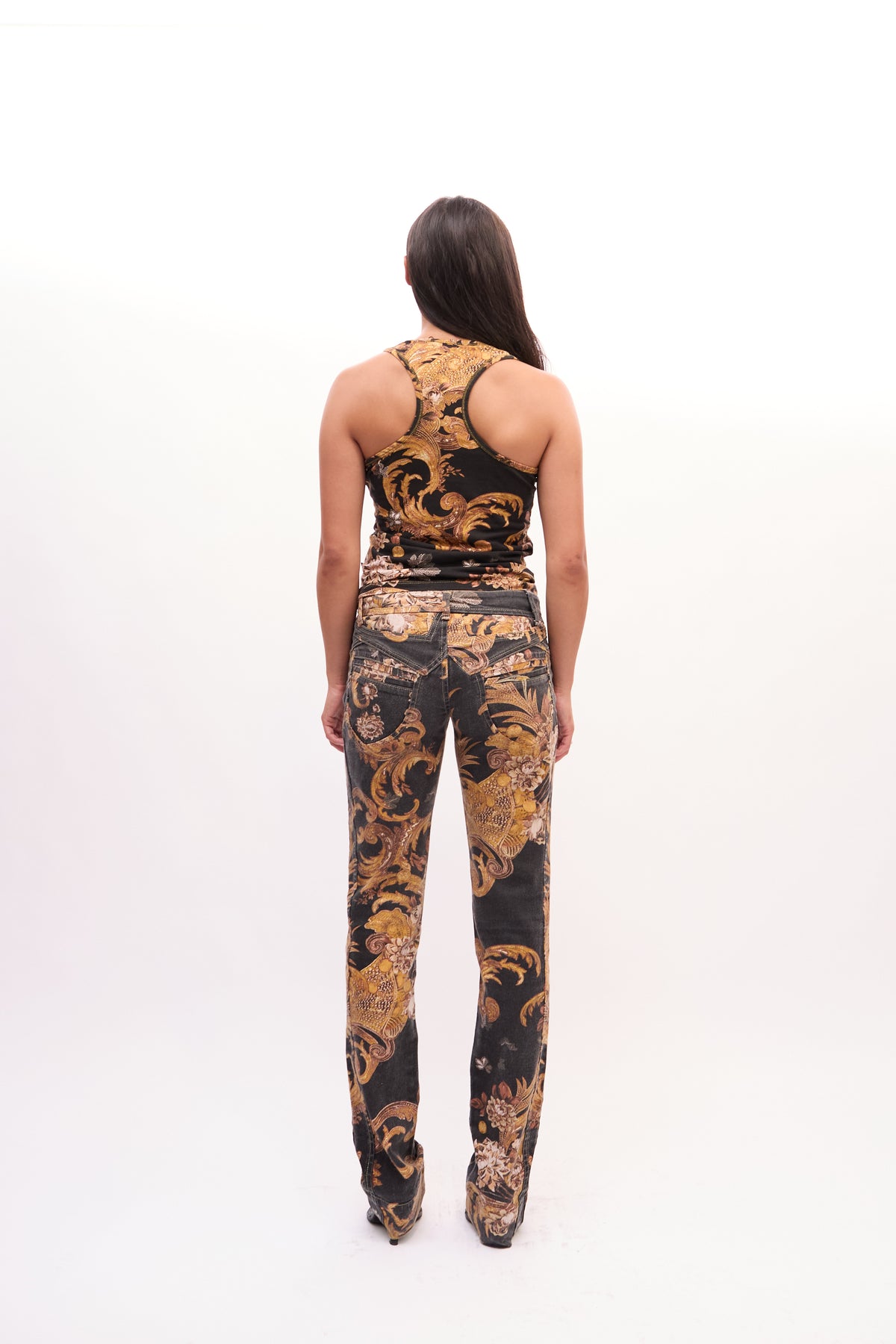 2000s Just Cavalli Black Gold Baroque Tank Jeans Set