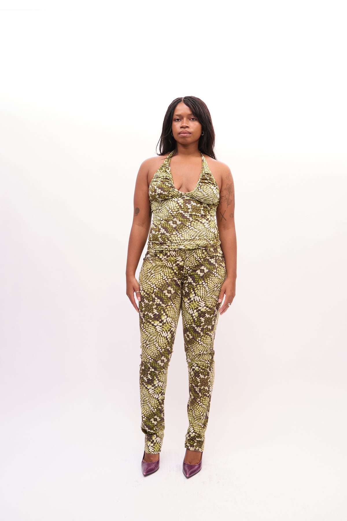 2000s Just Cavalli Green Snakeprint Halter Tank Jeans Set