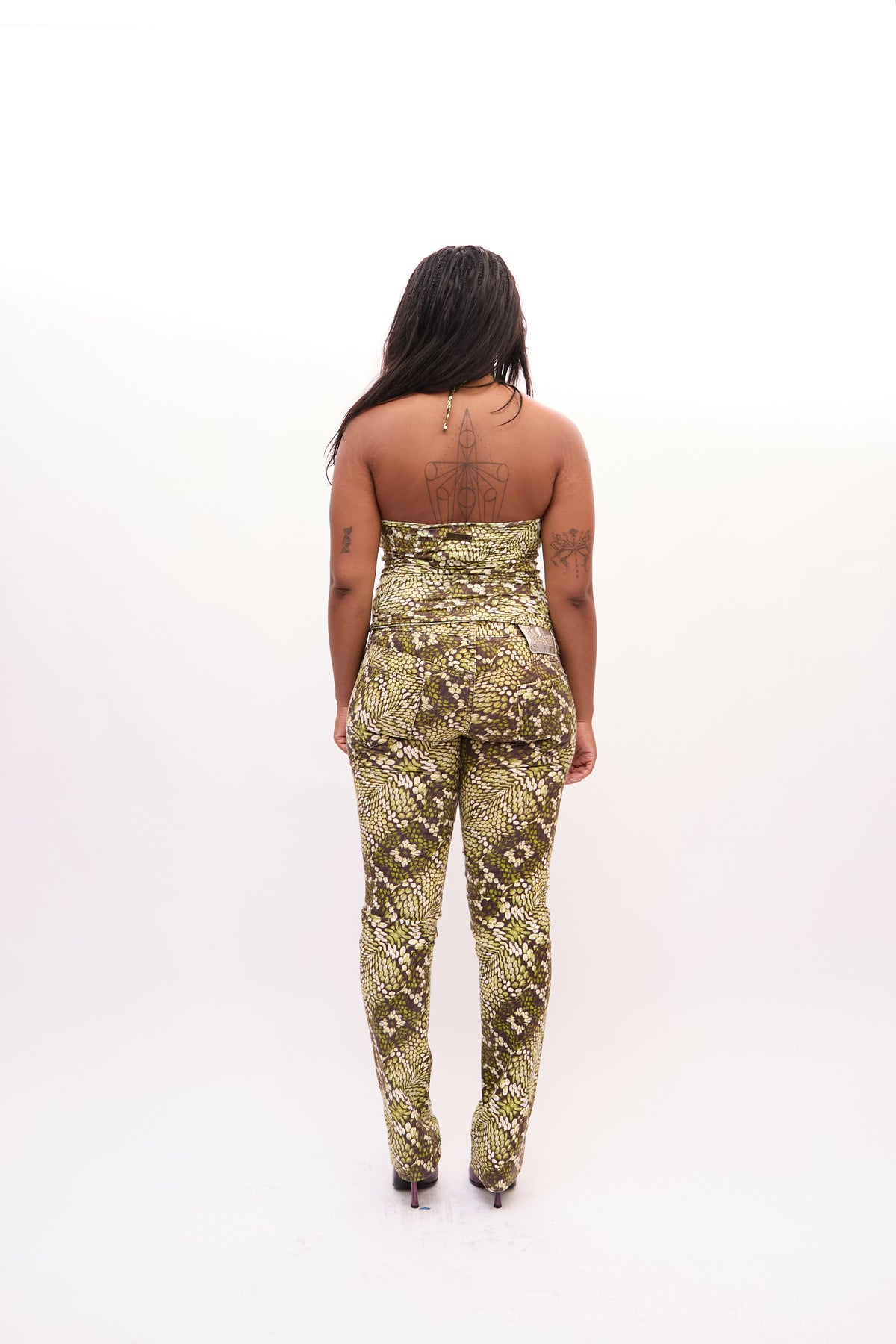 2000s Just Cavalli Green Snakeprint Halter Tank Jeans Set
