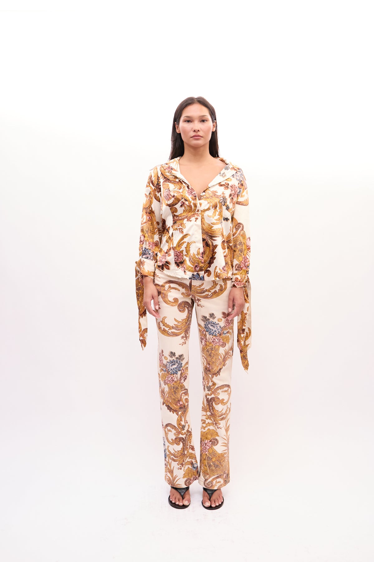 2000s Just Cavalli Cream Baroque Print V-neck Top Jeans Set