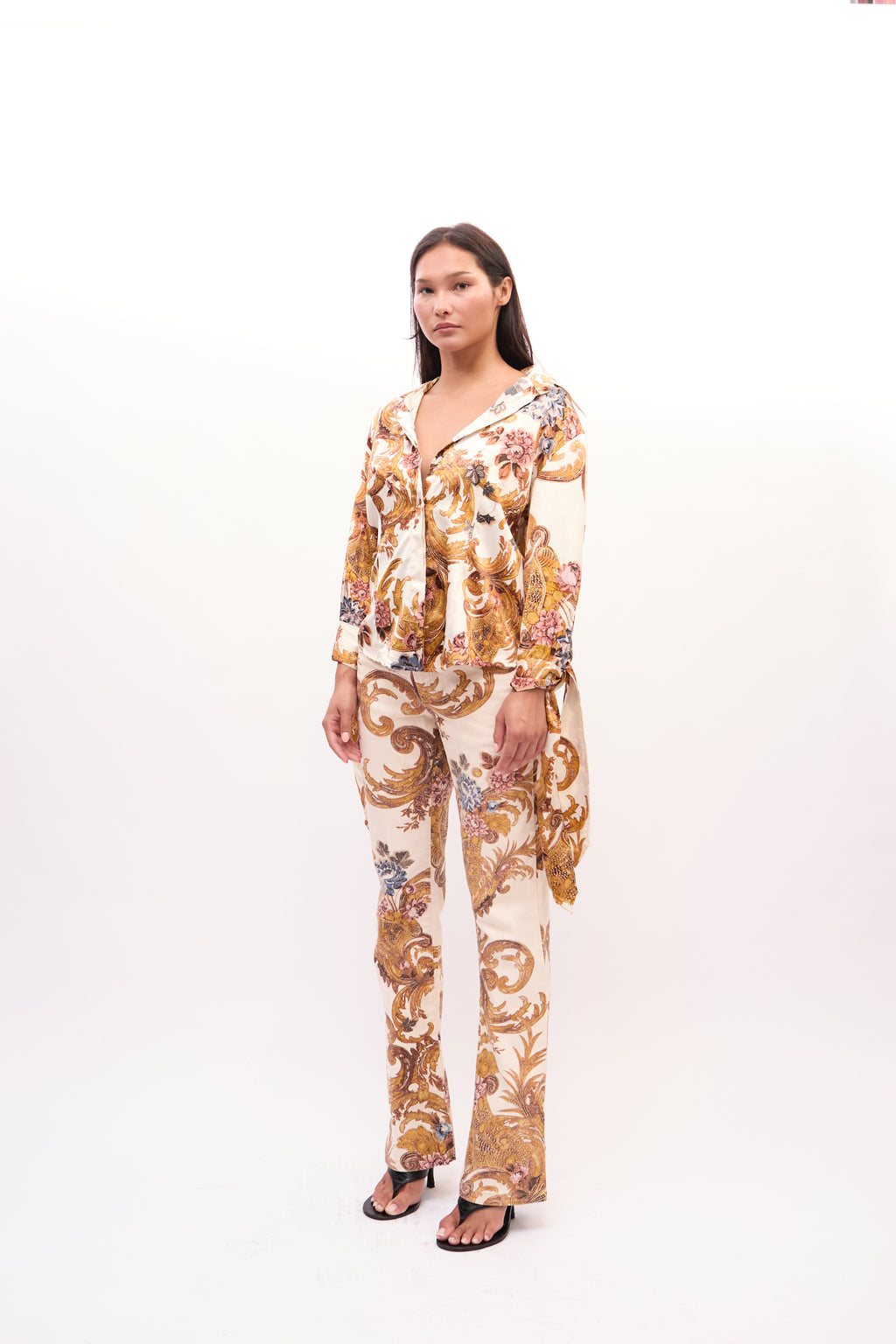 2000s Just Cavalli Cream Baroque Print V-neck Top Jeans Set