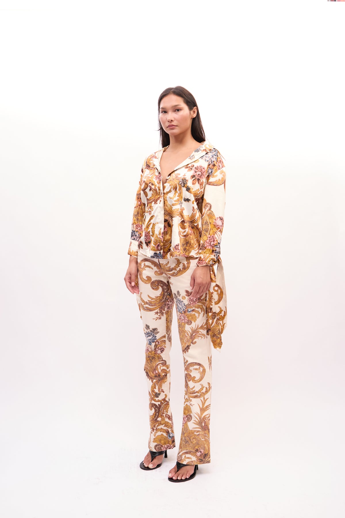 2000s Just Cavalli Cream Baroque Print V-neck Top Jeans Set