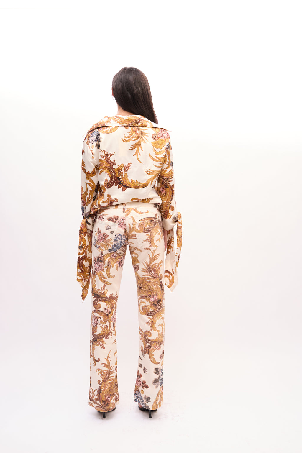 2000s Just Cavalli Cream Baroque Print V-neck Top Jeans Set