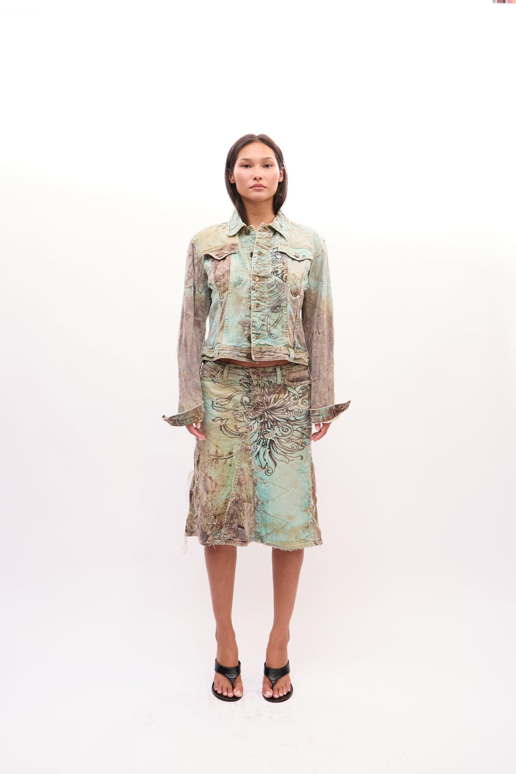 2000s Just Cavalli Green Abstract Floral Print Distressed Denim Jacket Skirt Set