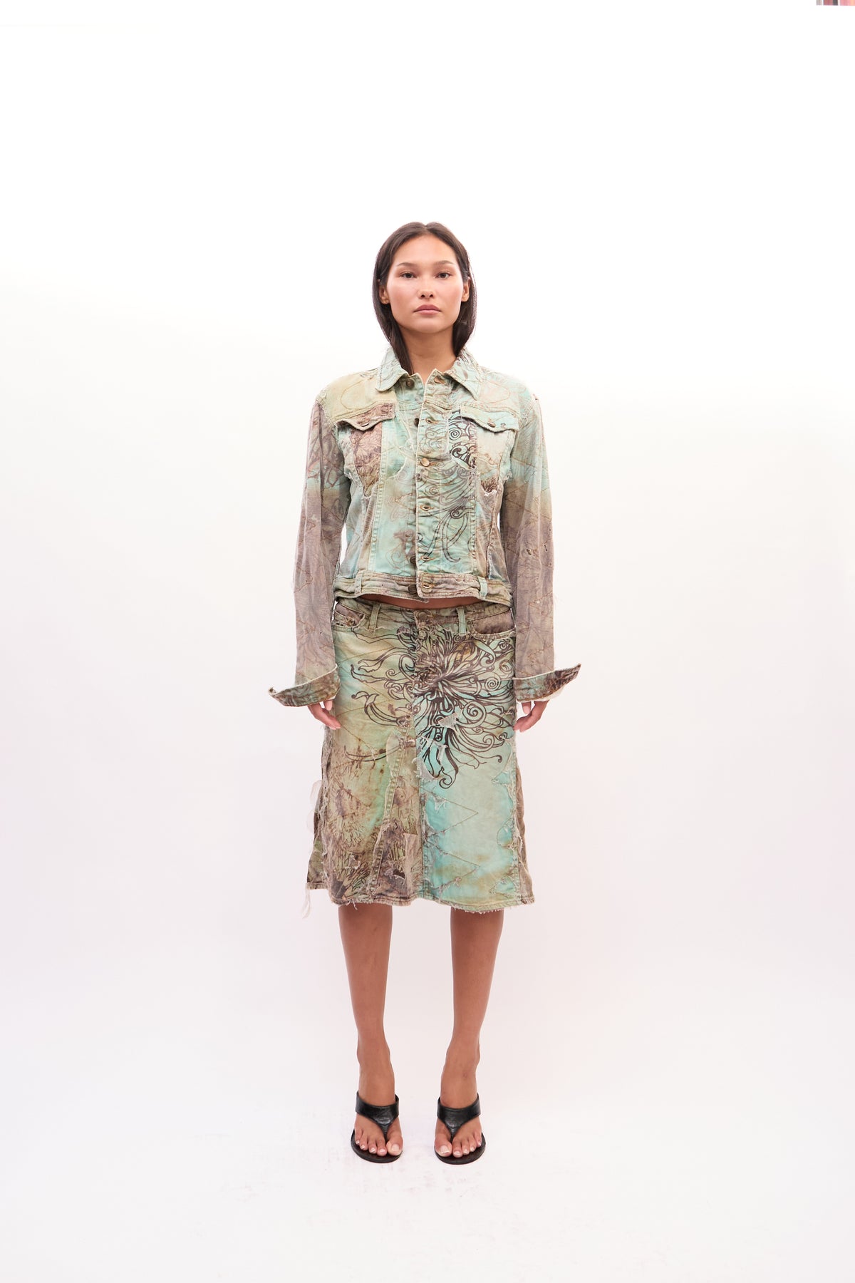 2000s Just Cavalli Green Abstract Floral Print Distressed Denim Jacket Skirt Set