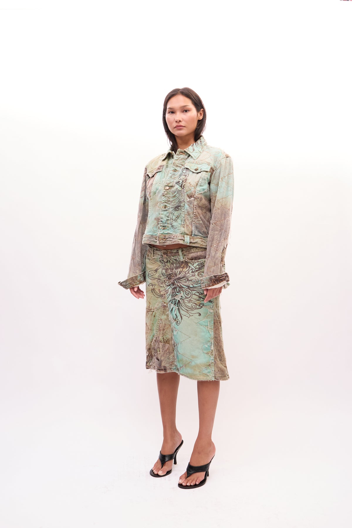 2000s Just Cavalli Green Abstract Floral Print Distressed Denim Jacket Skirt Set
