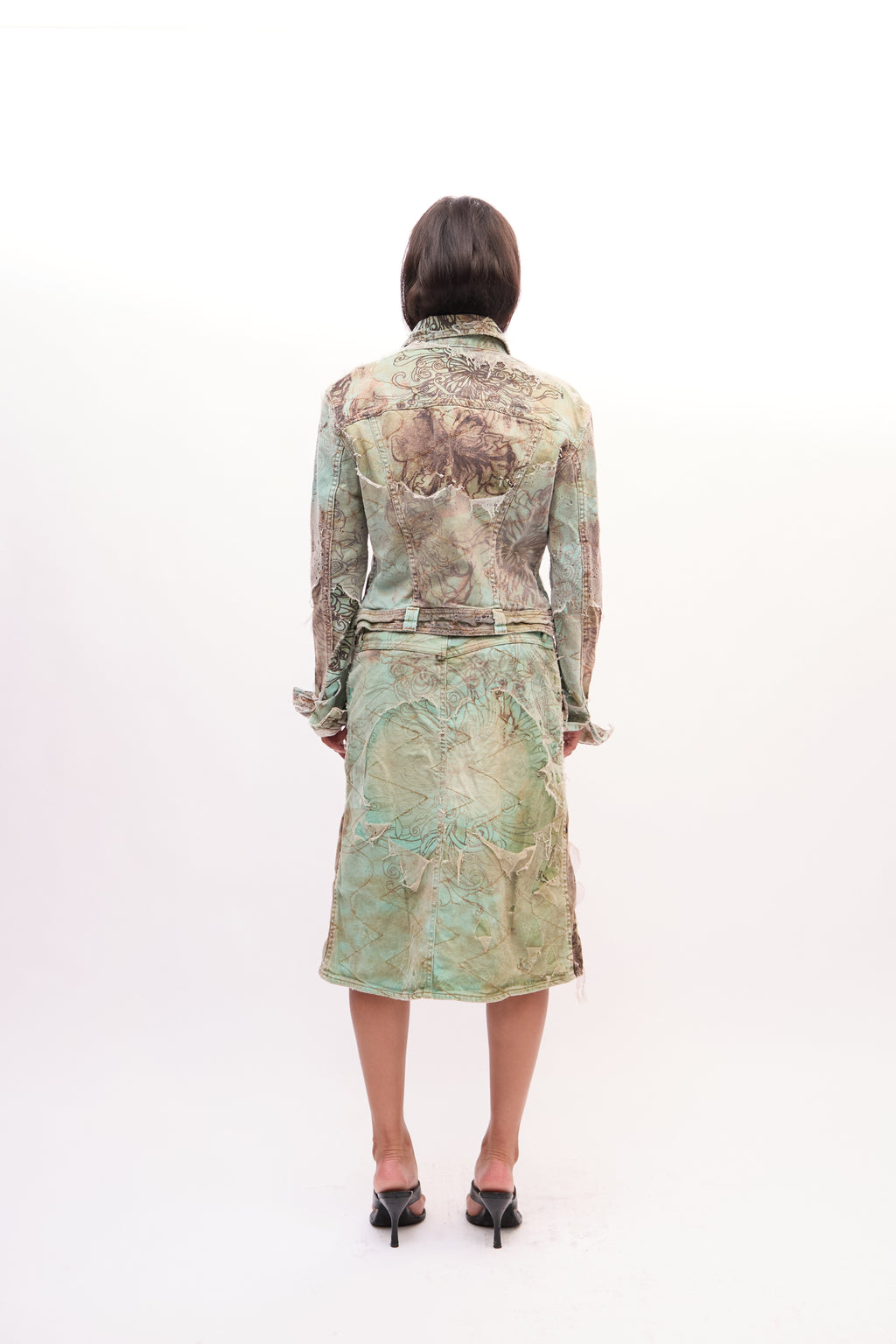 2000s Just Cavalli Green Abstract Floral Print Distressed Denim Jacket Skirt Set