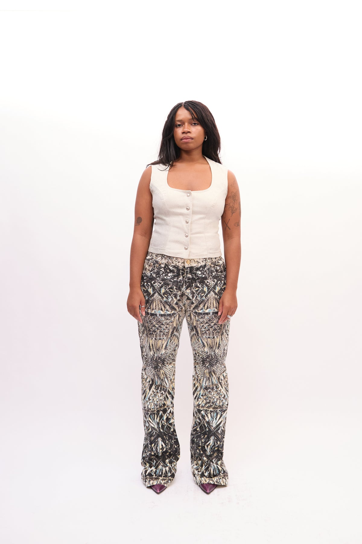 2000s Roberto Cavalli Black Multicolor Kaleidoscope Print Geometric Corset and Jeans Set