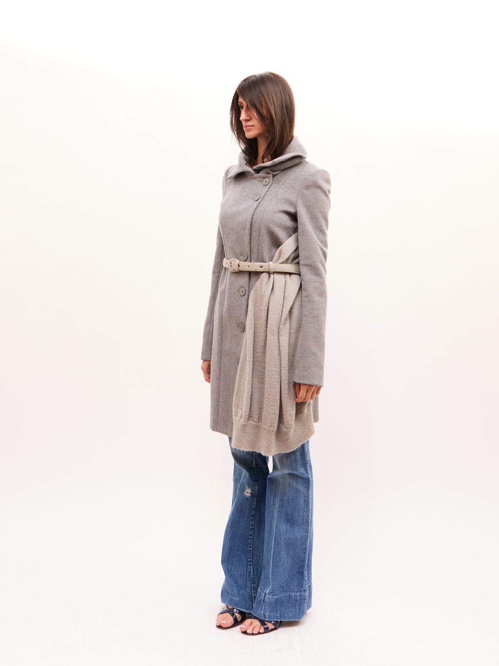 Patrizia Pepe Gray Belted Funnel Neck Wool Coat