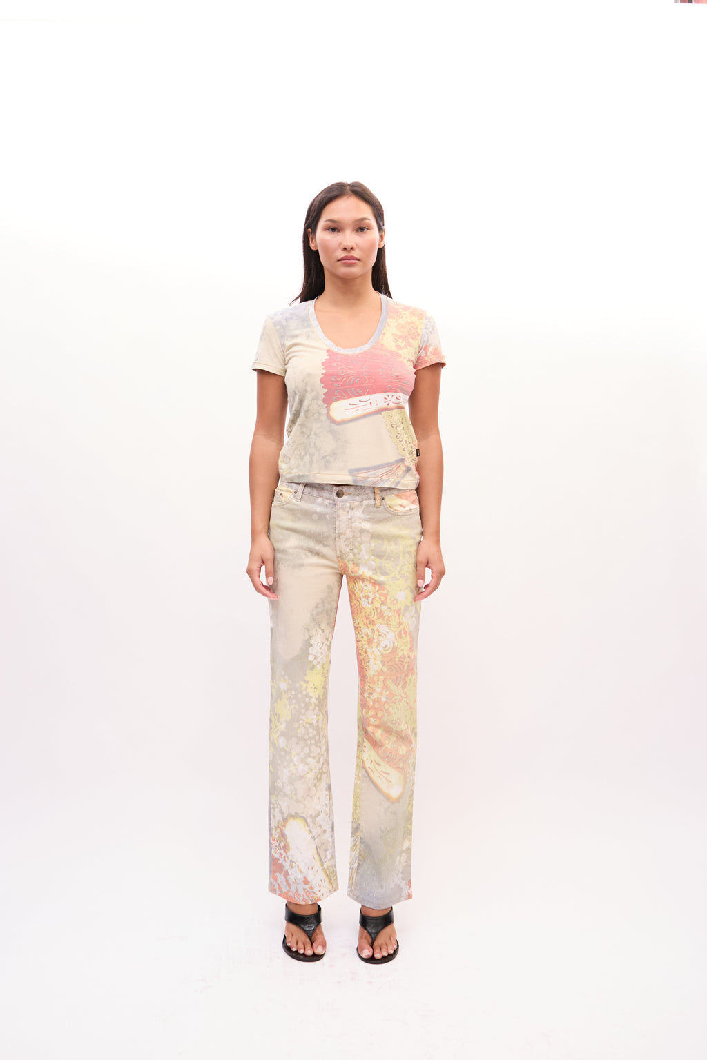 2000s Just Cavalli Multicolor Butterfly Blazer, Top, Jeans 3 Piece Set