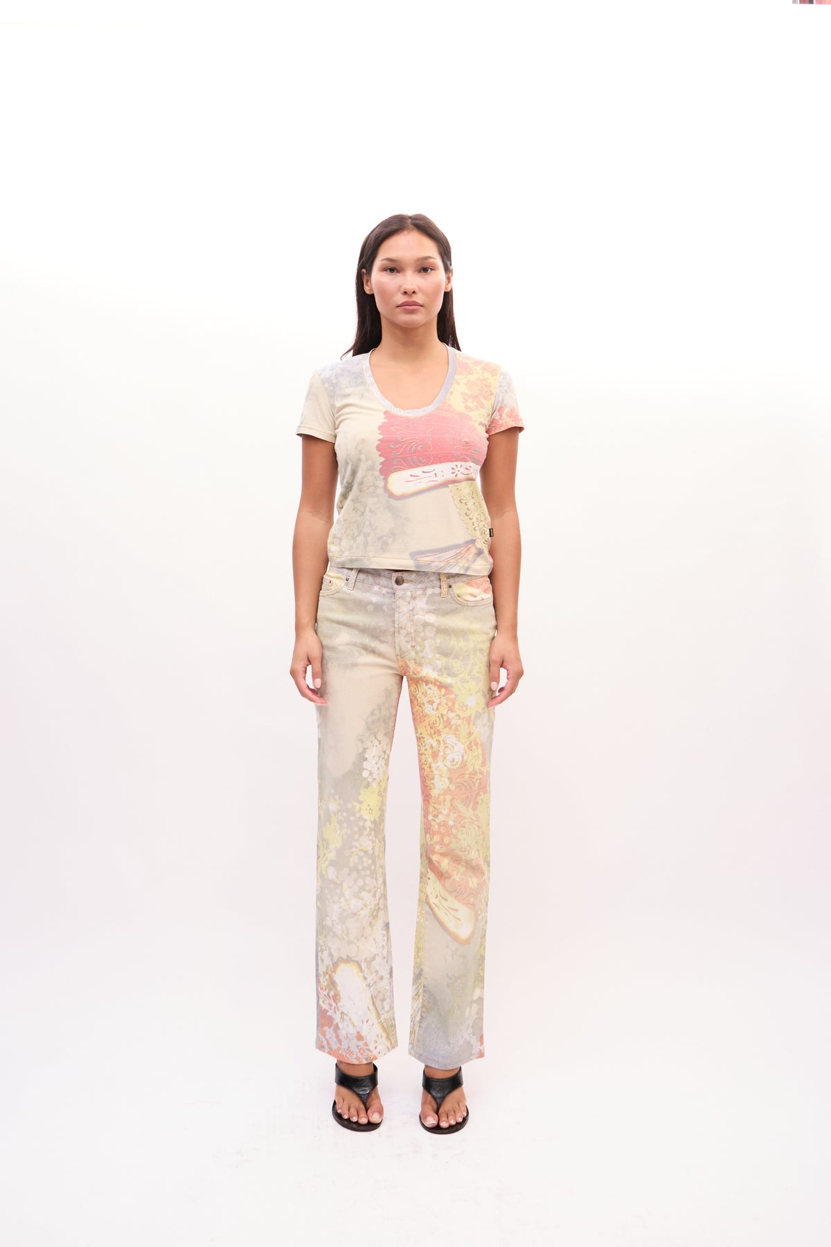 2000s Just Cavalli Multicolor Butterfly Blazer, Top, Jeans 3 Piece Set