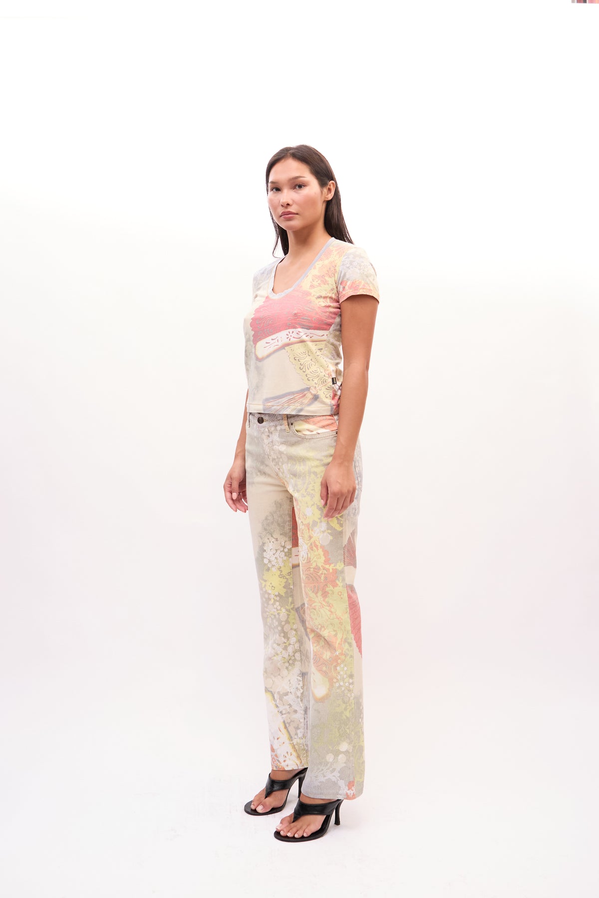 2000s Just Cavalli Multicolor Butterfly Blazer, Top, Jeans 3 Piece Set