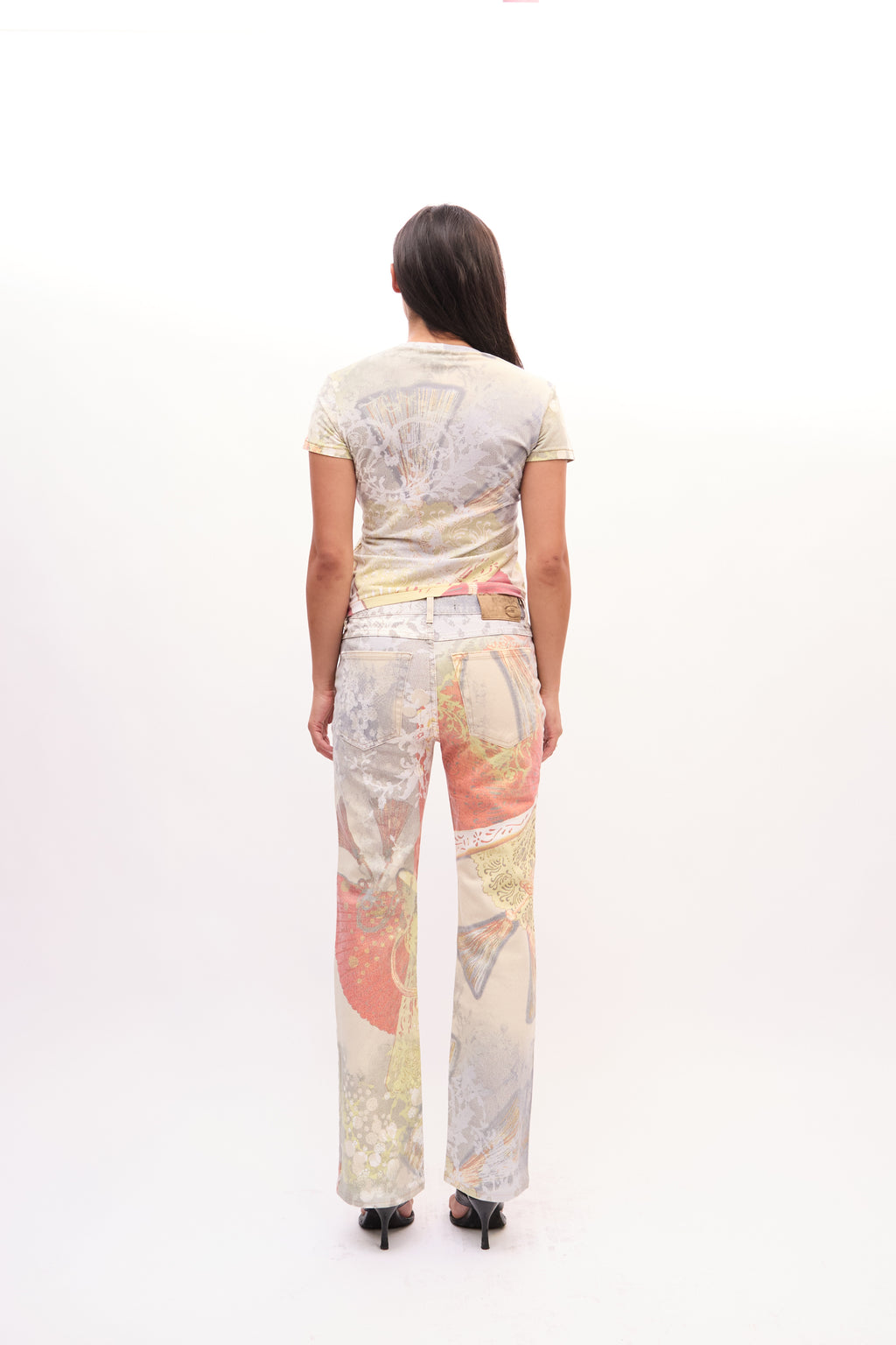 2000s Just Cavalli Multicolor Butterfly Blazer, Top, Jeans 3 Piece Set