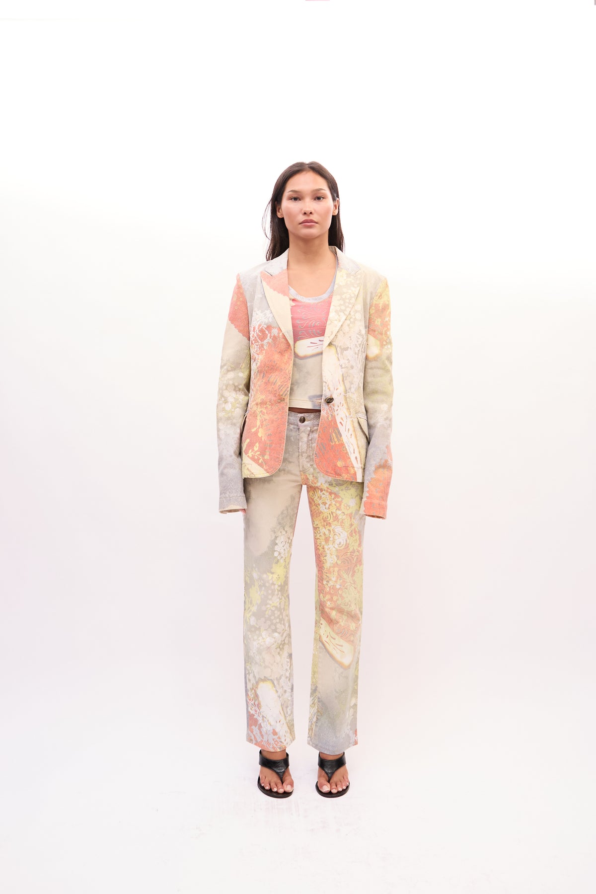 2000s Just Cavalli Multicolor Butterfly Blazer, Top, Jeans 3 Piece Set