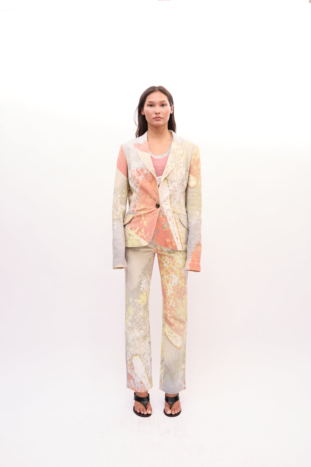 2000s Just Cavalli Multicolor Butterfly Blazer, Top, Jeans 3 Piece Set