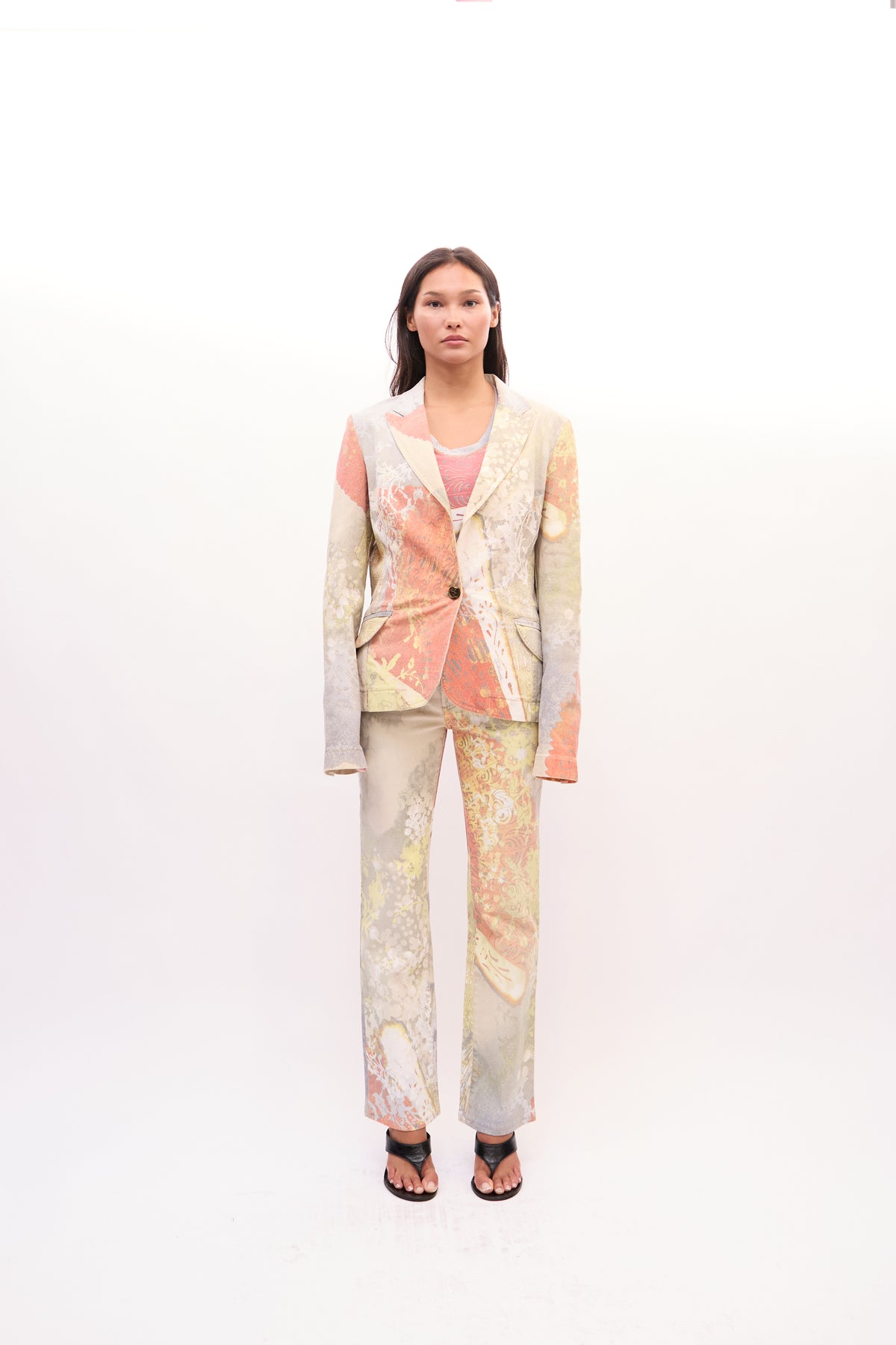 2000s Just Cavalli Multicolor Butterfly Blazer, Top, Jeans 3 Piece Set