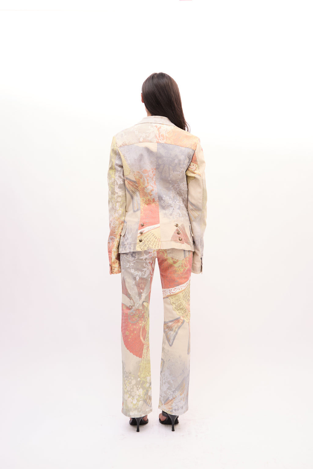 2000s Just Cavalli Multicolor Butterfly Blazer, Top, Jeans 3 Piece Set