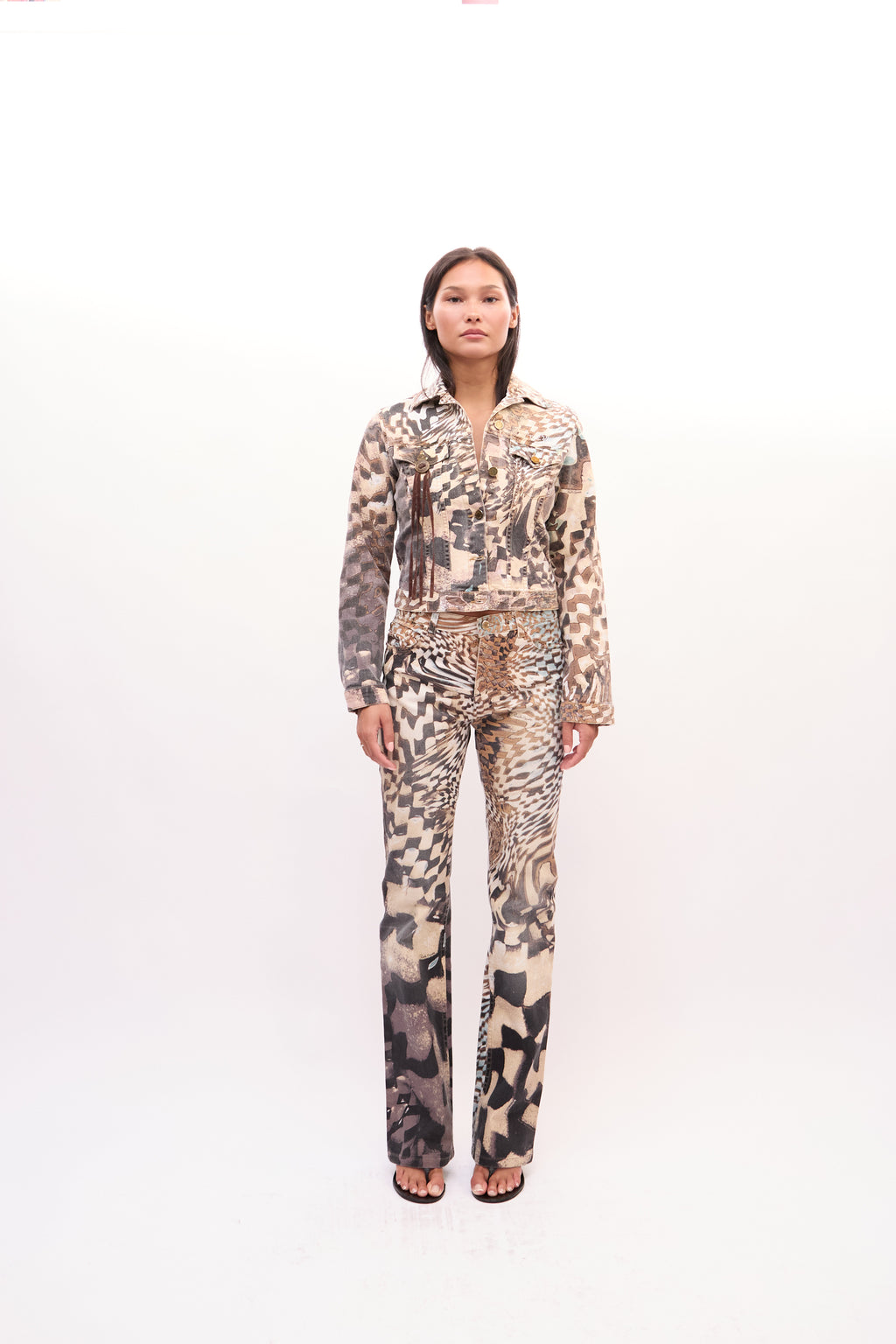 2000s Roberto Cavalli Brown Mixed Animal Patchwork Denim Jacket and Jeans Set