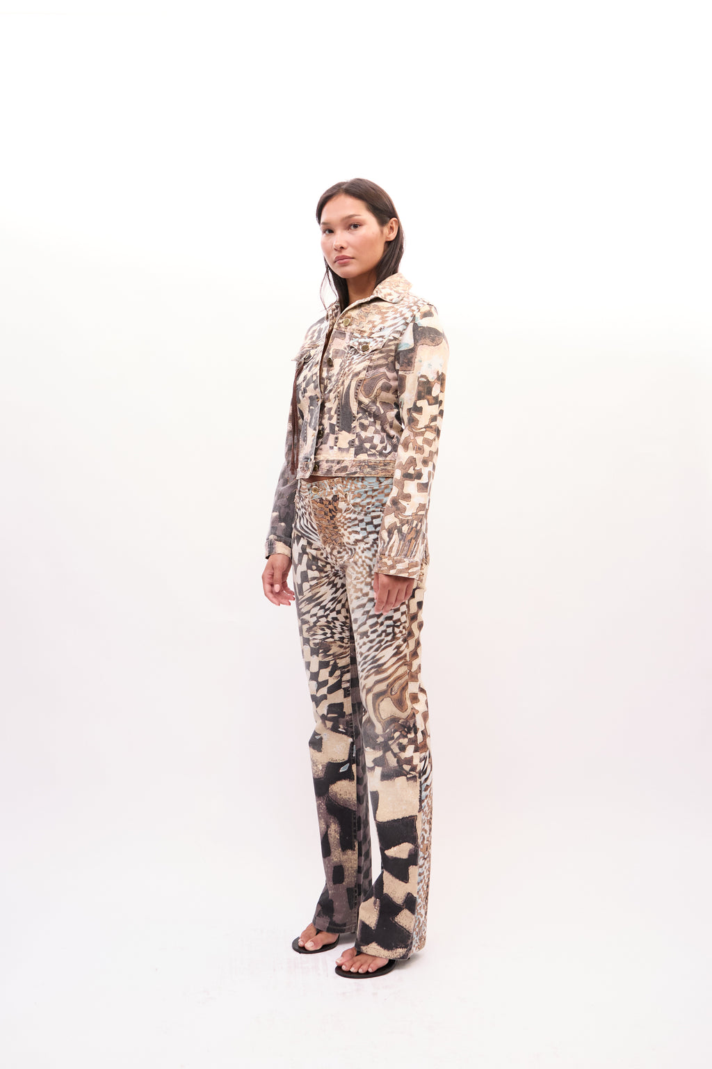 2000s Roberto Cavalli Brown Mixed Animal Patchwork Denim Jacket and Jeans Set