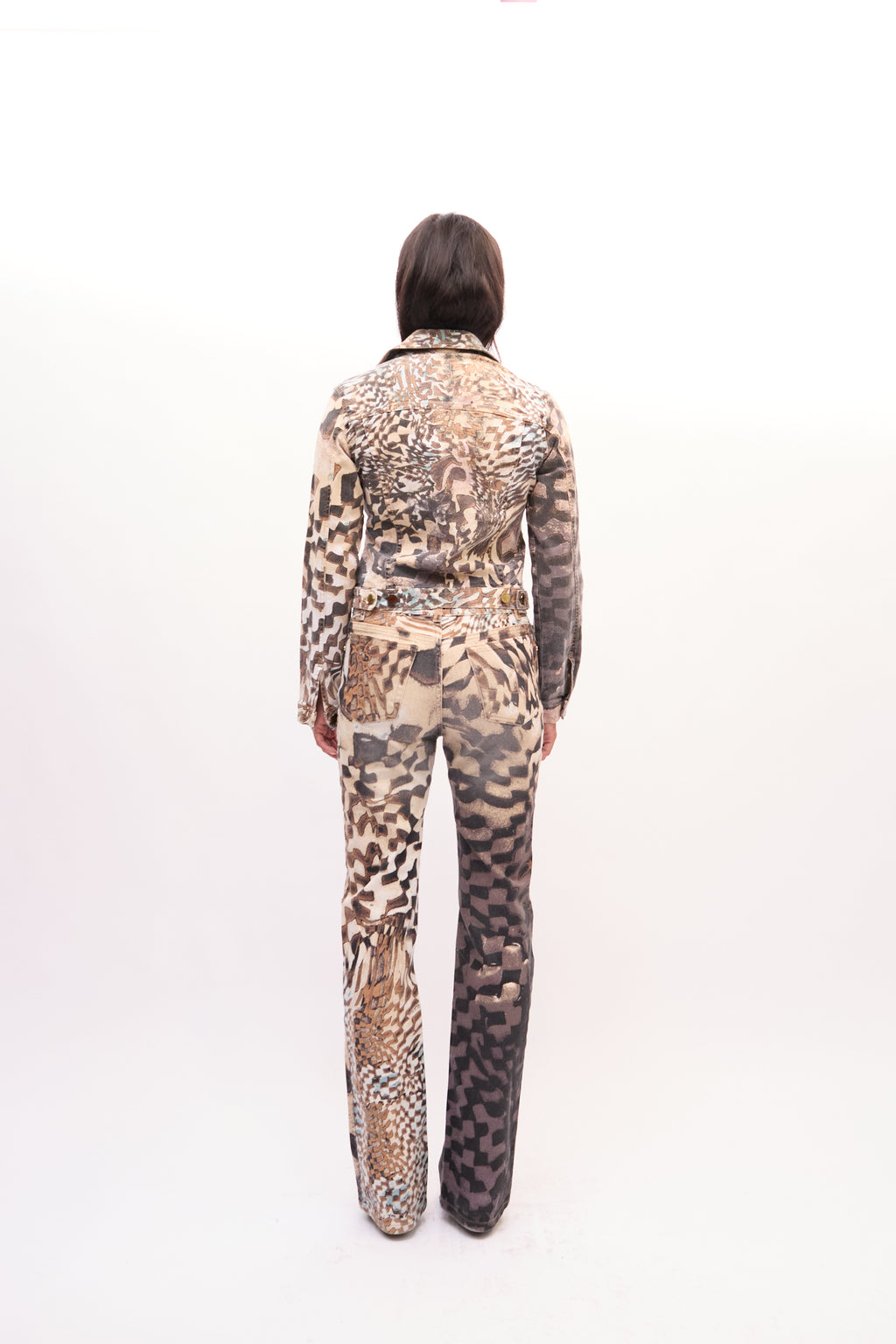 2000s Roberto Cavalli Brown Mixed Animal Patchwork Denim Jacket and Jeans Set